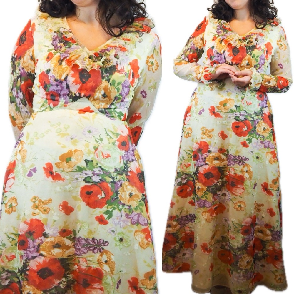 Vintage 70s Floral Plisse Collar Chiffon Maxi Dress Spring Romantic Cottagecore
